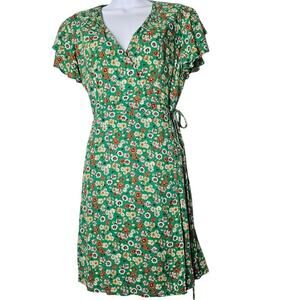 Mi Ami Green Floral True Wrap Dress M Lined Boho Cottagecore Flutter Sleeve Soft